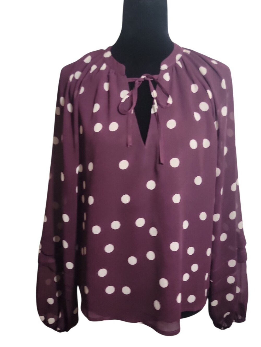 Evereve burgundy white polka dot tie neck peasant top women's size XS